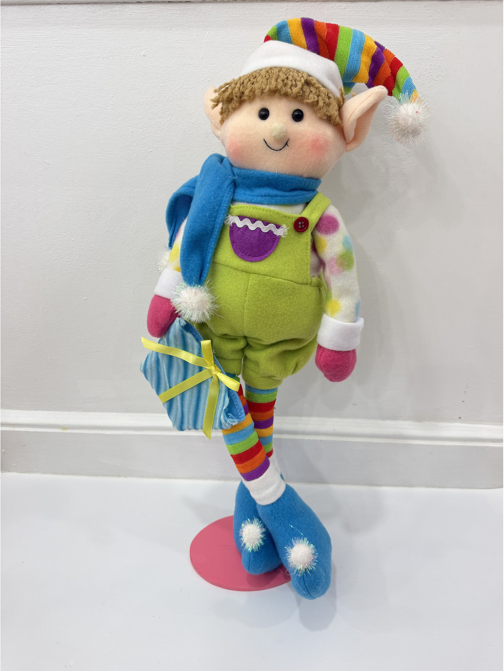 2009 Large Colorful Elf With Gift Plush Decoration 23" Standing Christmas